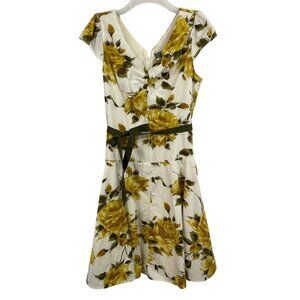 Rabbit Rabbit Rabbit Yellow Green Floral Fit & Flare Dress Belted Womens Size 12